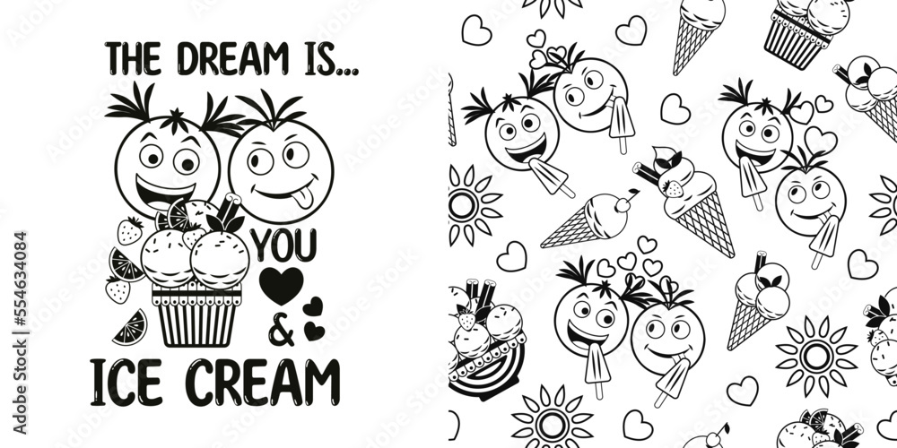 Fototapeta premium Set with romantic monochrome label, pattern with ice cream sundae, fruits, crazy emoji love couple, text, hearts. Simple minimal style, white background. For prints, clothing, t shirt design