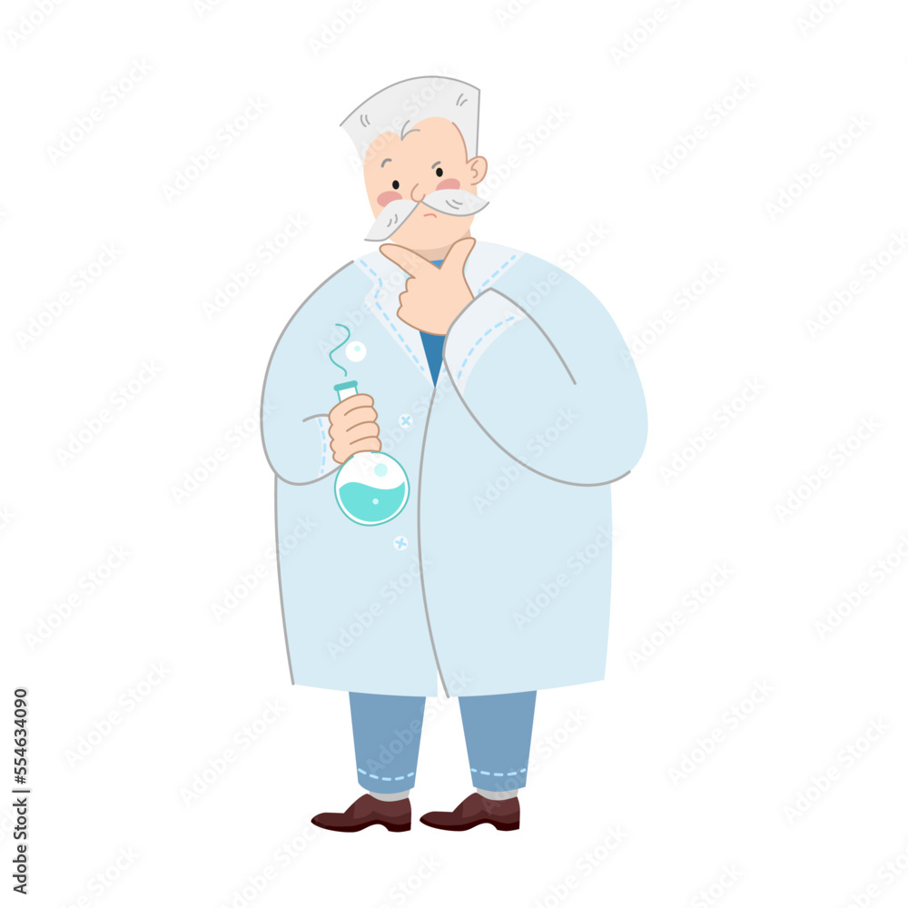 Scientist character holds a flask with liquid in his hand and scratches his chin thoughtfully. Cartoon vector illustration of funny old professor or doctor in uniform Scientist character holds a flask with liquid in his hand and scratches his chin thoughtfully. Cartoon vector illustration of funny old professor or doctor in uniform