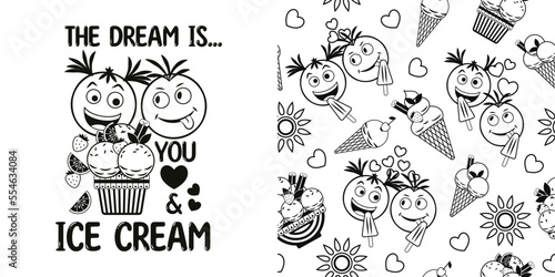 Set with romantic monochrome label, pattern with ice cream sundae, fruits, crazy emoji love couple, text, hearts. Simple minimal style, white background. For prints, clothing, t shirt design