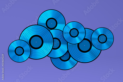 Set of vinyl LP records with label isolated on violet background.