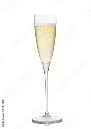 Yellow golden champagne crystal glass on white background with reflection.