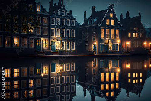 Generative AI : vintage Dutch houses with a canal inbetween at twilight, illuminated houses in Amsterdam