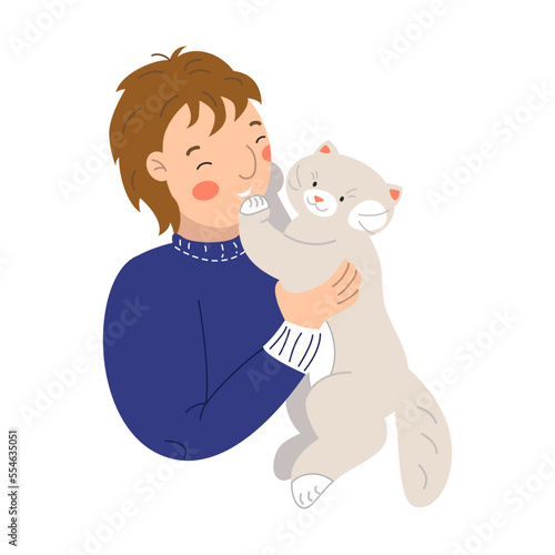 Man giving hug their cats sitting on hands or shoulders. People of different age, nationality with their furry members of family. Animal owner and pet care cartoon vector illustration