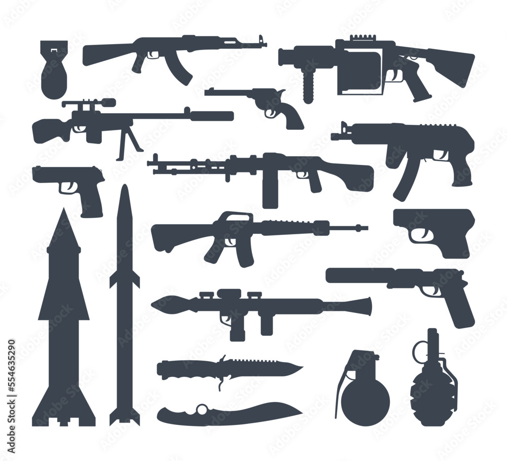 Silhouettes of firearms and explosives vector illustrations set ...