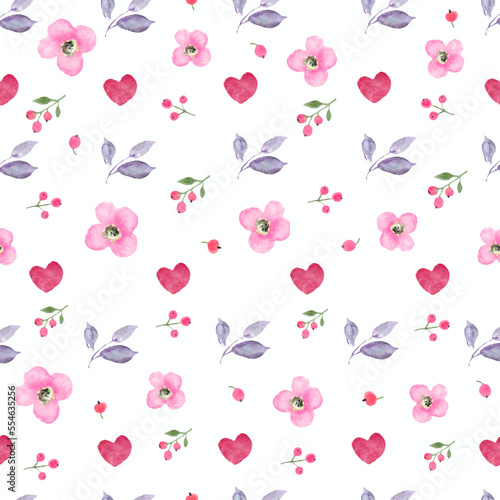 Watercolor seamless pattern with abstract red hearts, flowers, branches. Hand drawn illustration isolated For packaging, wrapping design, print. Suitable for design on Valentine's day. Vector EPS