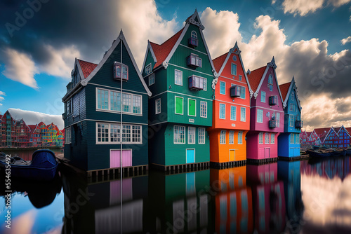 Generative AI : colorful houses in Zaandam near Amsterdam, Noordholland, Netherlands	
 photo