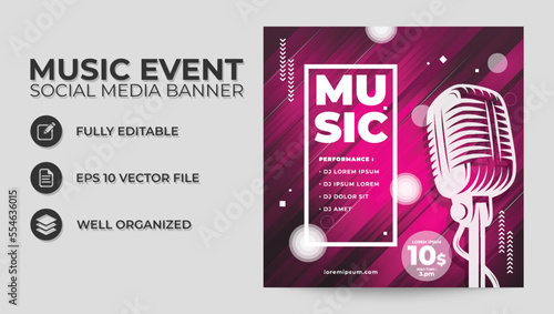Music night dance party poster template, Disco club party event flyer invitation for social media post