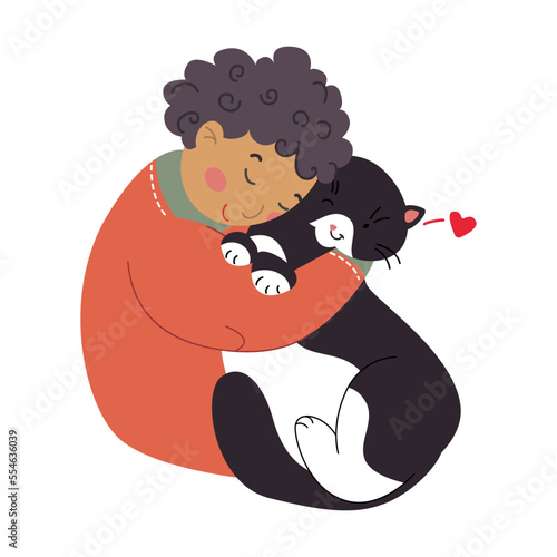 Woman with curly hair giving hug their cats sitting on hands or shoulders. People of different age, nationality with their furry members of family. Animal owner and pet