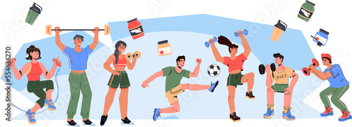 Sport active lifestyle banner concept with people doing sports. Banner template of stay fit and be active design.
