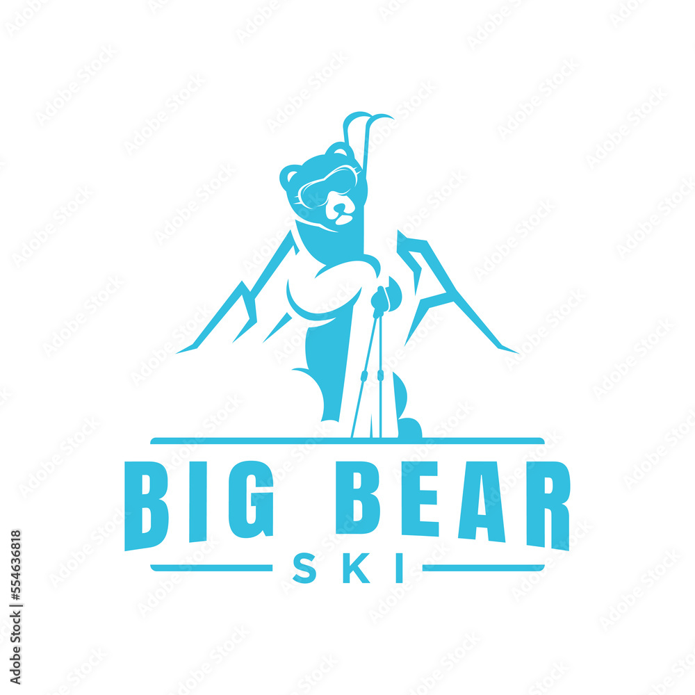Winter Sports, Ski Icon with Bear holding skies and mountain background. Outdoor adventure logo design template. Winter Sports, Ski Icon with Bear holding skies and mountain background. Outdoor adventure logo design template.