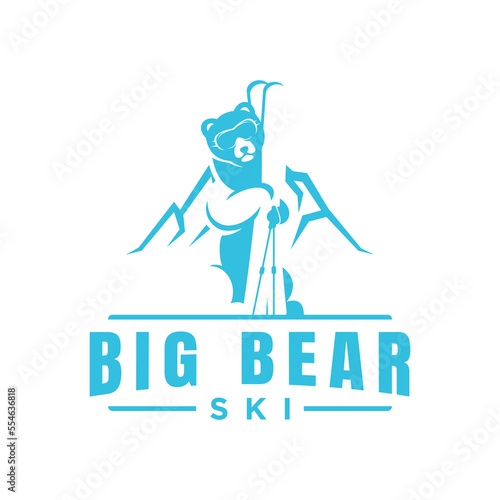 Winter Sports, Ski Icon with Bear holding skies and mountain background. Outdoor adventure logo design template.