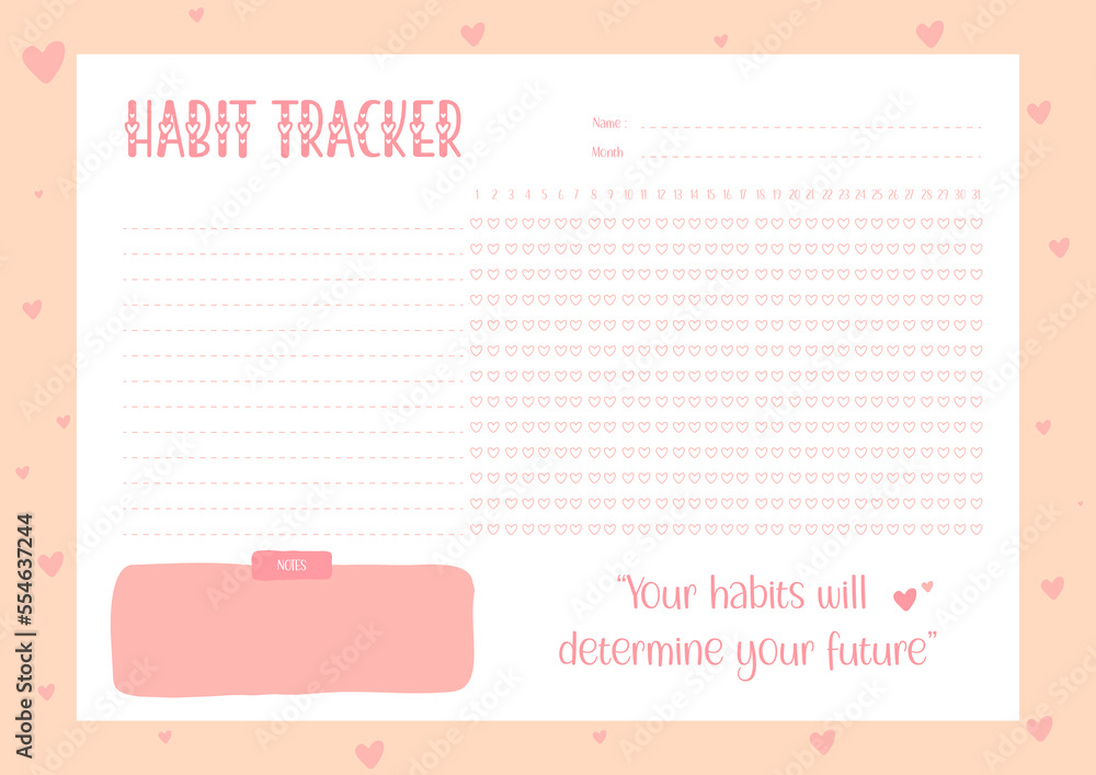 Habits Tracker printable template Vector. Monthly planner habit tracker ...