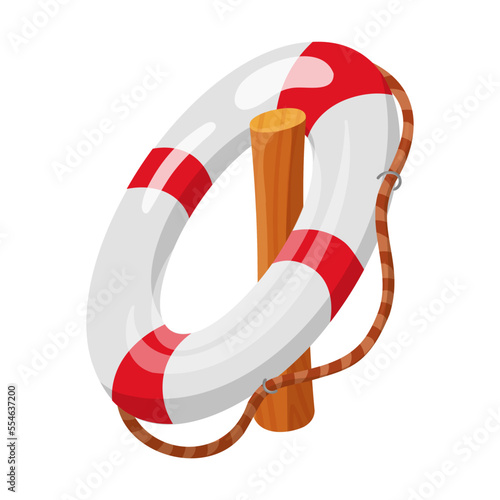 Life buoy hangs on a wooden pier cartoon illustration. Boardwalk or wharf for fishing. Summer beach concept