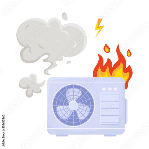 Broken air conditioner with flame vector illustration. Damage or defect of air conditioning or home ventilation system due to overheat isolated on white background. Repair concept