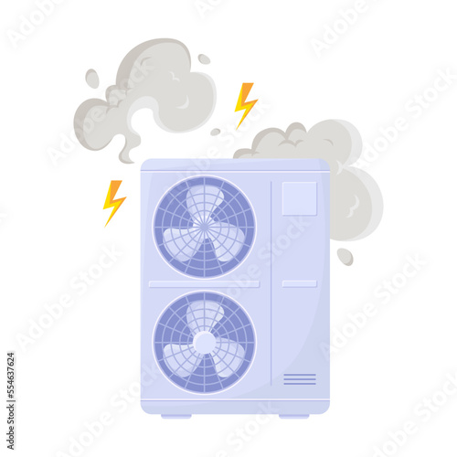 Broken air conditioner vector illustration. Defect of air conditioning or home ventilation system due to overheat isolated on white background. Repair service concept