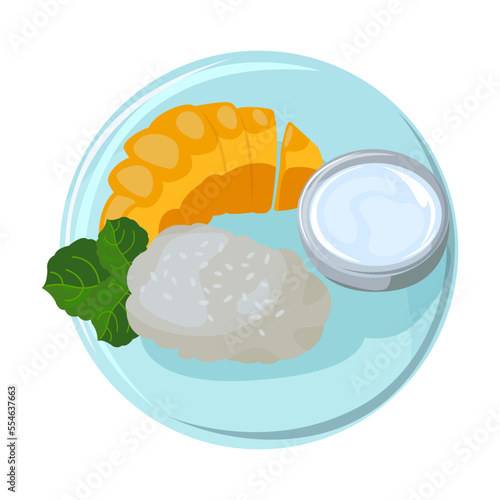 Thai food on plate. Vector illustration of Asian traditional dishes. Cartoon top view of sticky mango rice, curry with shrimp and salad isolated on white. Cuisine concept