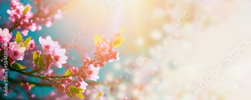 Photographie Spring blossom tree pink flowers and abstract background with bokeh sunlights, g