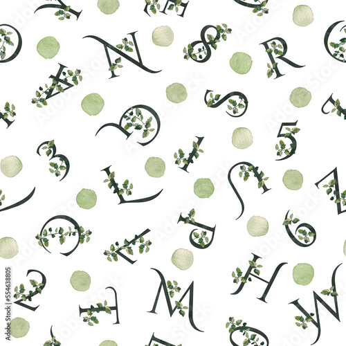 Seamless pattern of floral letter and number monograms with polka dot on white. Watercolour illustration. For textile, wrapping paper, scrapbooking, stationery and packaging design.