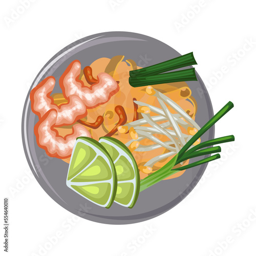 Thai food on plate. Vector illustration of spicy traditional dishes. Cartoon top view of sticky mango rice, curry with shrimp and salad isolated on white. Cuisine of Thailand