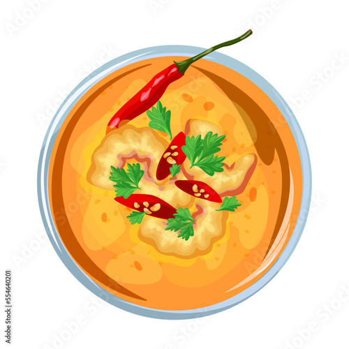 Thai food on plate. Spicy Asian traditional dishes. Cartoon top view of sticky mango rice, curry with shrimp and salad isolated on white. Cuisine concept