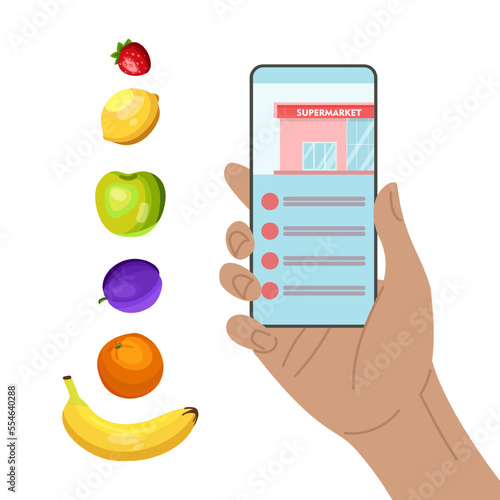 Hand holding phone with online supermarket vector illustration. Cartoon drawings of different fruit and person ordering food via application on white background. Technology, online shopping concept