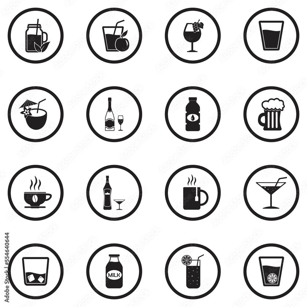 Beverage Icons. Black Flat Design In Circle. Vector Illustration. Beverage Icons. Black Flat Design In Circle. Vector Illustration.
