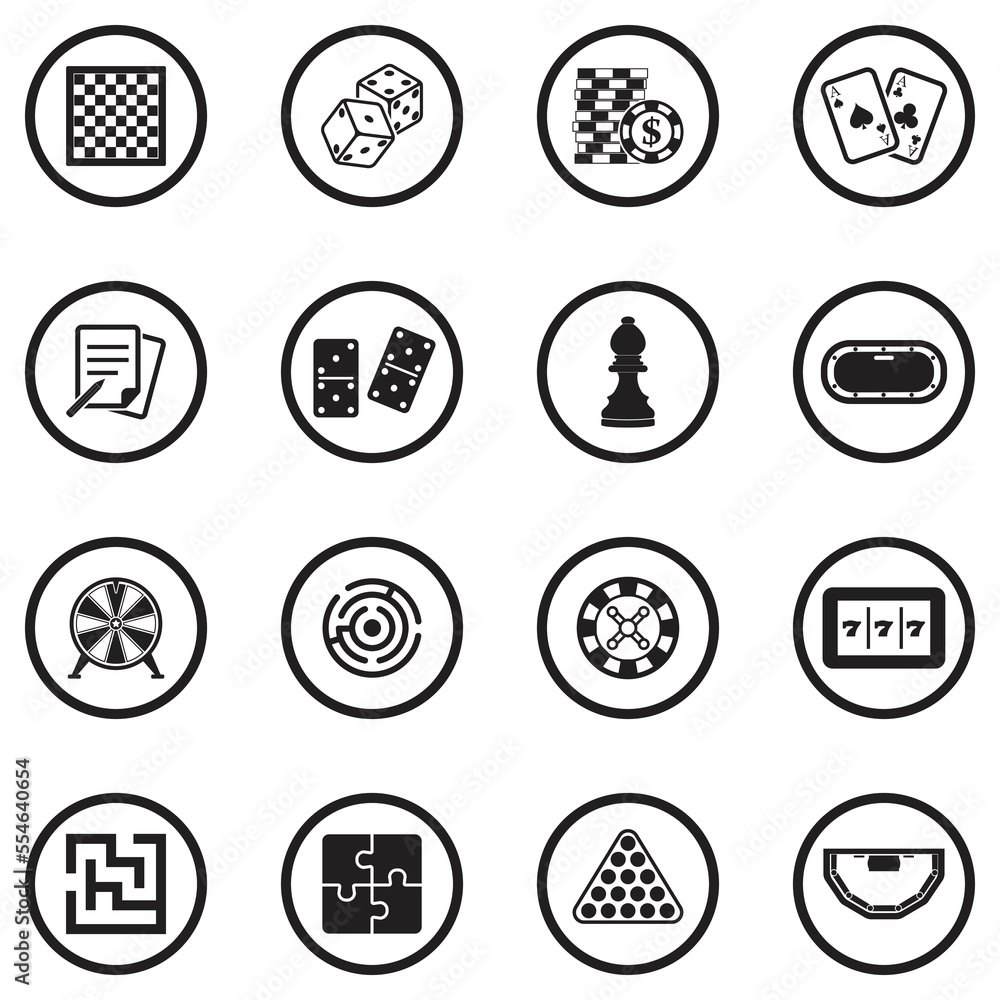 Board Game Icons. Black Flat Design In Circle. Vector Illustration.