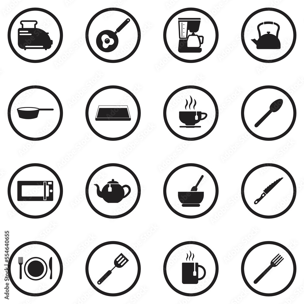 Breakfast Accessories Icons. Black Flat Design In Circle. Vector Illustration. Breakfast Accessories Icons. Black Flat Design In Circle. Vector Illustration.