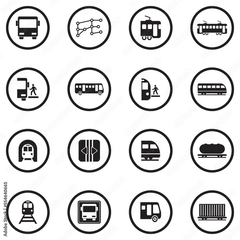 Bus And Train Icons. Black Flat Design In Circle. Vector Illustration.
