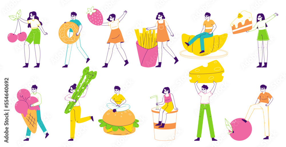 Flat characters with huge food. People carrying fruits, vegetables, cake, pizza and drinks flat vector illustration set. Tiny persons carry various dishes Flat characters with huge food. People carrying fruits, vegetables, cake, pizza and drinks flat vector illustration set. Tiny persons carry various dishes