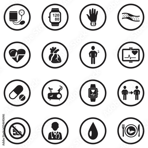 Blood Pressure Icons. Black Flat Design In Circle. Vector Illustration.