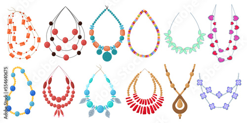 Cartoon golden and silver necklaces. Precious gem stones, beads, pearls, diamonds necklace, gold chains and chokers flat vector illustration set. Glamorous jewelry collection