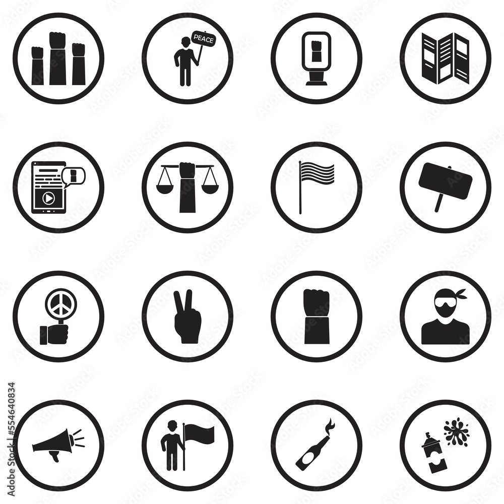 Activism Icons. Black Flat Design In Circle. Vector Illustration. Activism Icons. Black Flat Design In Circle. Vector Illustration.