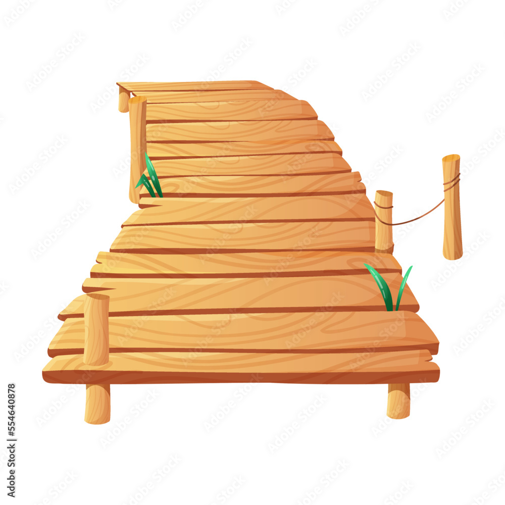 Wooden pier fish path receding water cartoon illustration. Boardwalk or