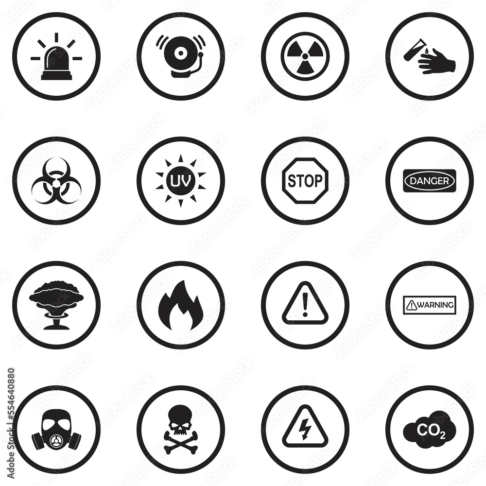 Alerts and Warning Icons. Black Flat Design In Circle. Vector Illustration.