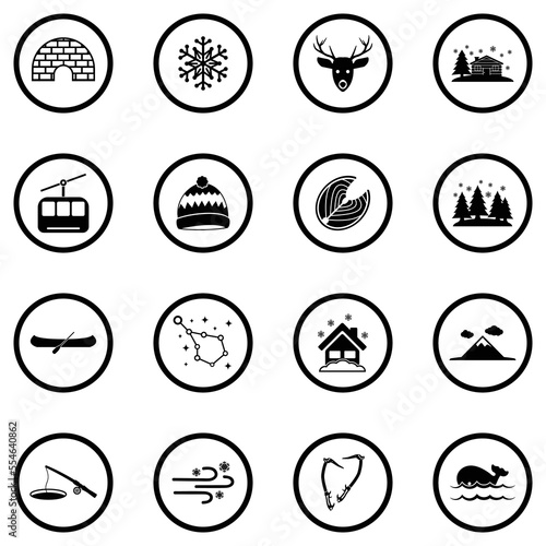 Alaska Icons. Black Flat Design In Circle. Vector Illustration.