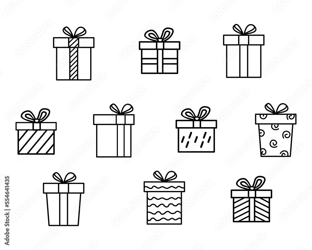 Hand-drawn doodles. Collection of simple images of different gift boxes. Hand-drawn doodles. Collection of simple images of different gift boxes.