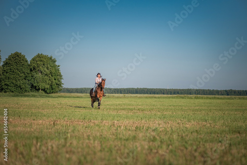 Молодая красивая тёмноволосая девушка скачет на лошади по летнему полю. © shymar27