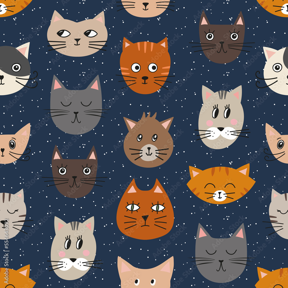 Cute cat faces seamless pattern, Childish cartoon cats print, Trendy feline flat design, Pet repeat wallpaper, Cat illustration background Cute cat faces seamless pattern, Childish cartoon cats print, Trendy feline flat design, Pet repeat wallpaper, Cat illustration background