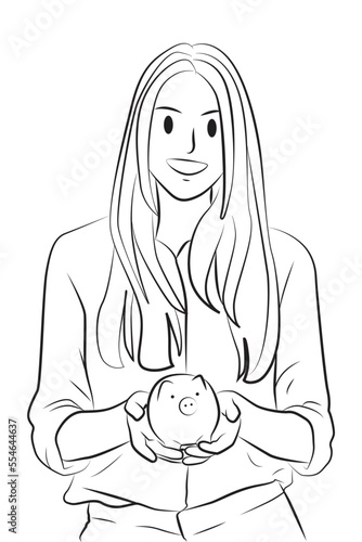 girl hold piggybank outline cartoon illustration