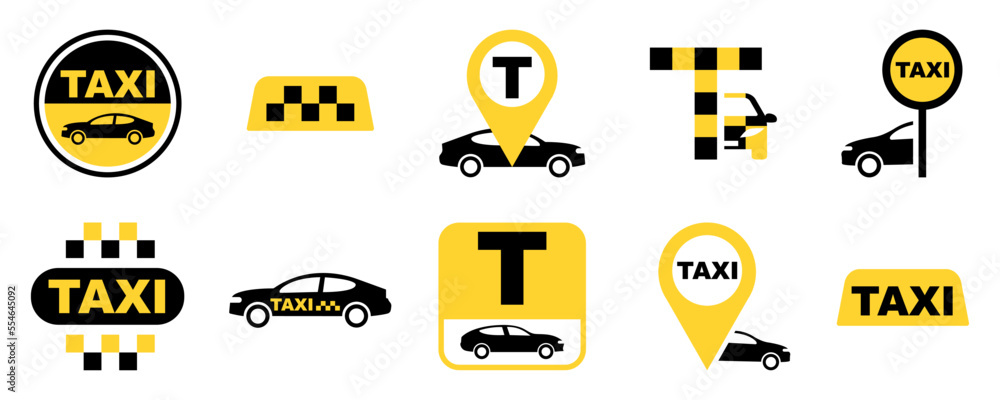 Set of taxi service vector signs. Yellow-black taxi icon. Vector 10 Eps. - obrazy, fototapety, plakaty 