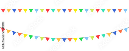 Celebration garlands on white background. Hanging triangle colorful garland. Holiday vector background.