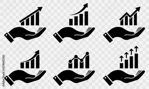 Set of hand with growth graph vector icons. Hand and business chart. Financial rise up. Increase profit.