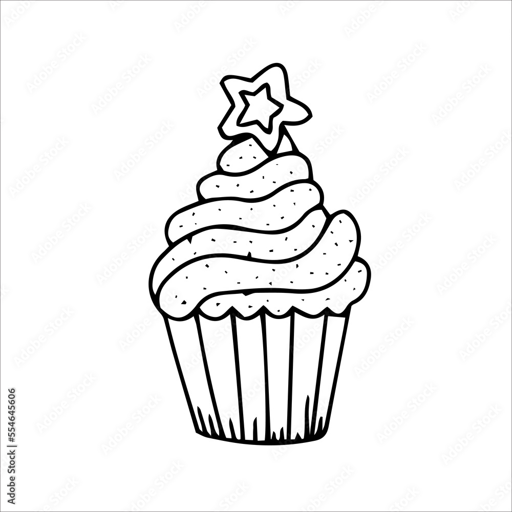 Delicious cupcake dessert in doodle style. Cute dessert. Hand drawn vector illustration. Delicious cupcake dessert in doodle style. Cute dessert. Hand drawn vector illustration.