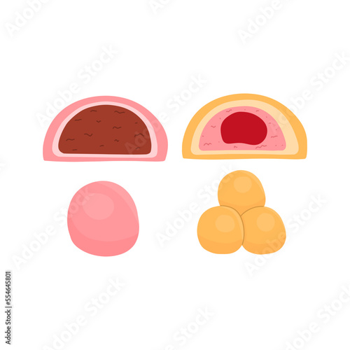 Set of different mochi. Japanese rice dough balls. Vector illustration in cartoon style