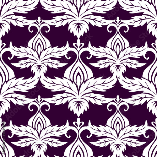 seamless symmetrical pattern of abstract white plant elements on a purple background, texture, design