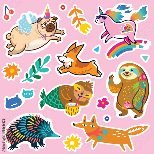 Lovely collection of yellow  pink and orange stickers. Fantasy cartoon animals and creatures vector illustration