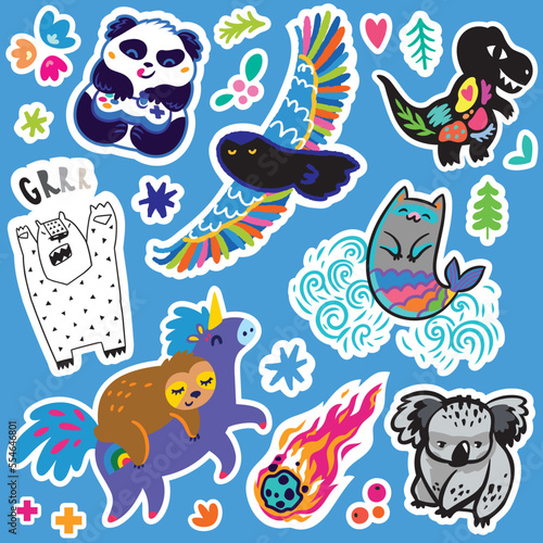 Lovely collection of blue stickers. Fantasy cartoon animals and creatures vector illustration © penguin_house