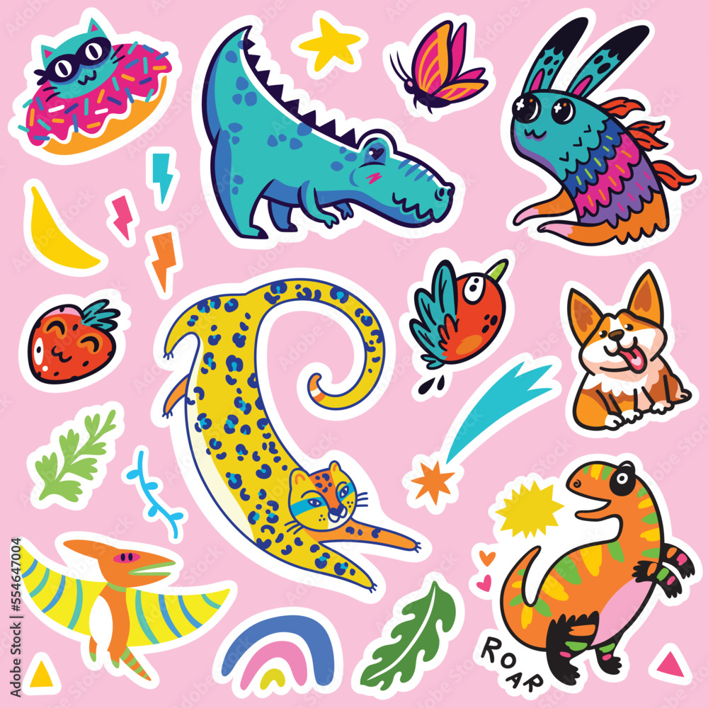 Lovely collection of yellow, orange, blue and pink stickers. Fantasy cartoon animals and creatures vector illustration