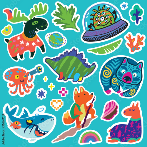 Lovely collection of green, blue and orange stickers. Fantasy cartoon animals and creatures vector illustration